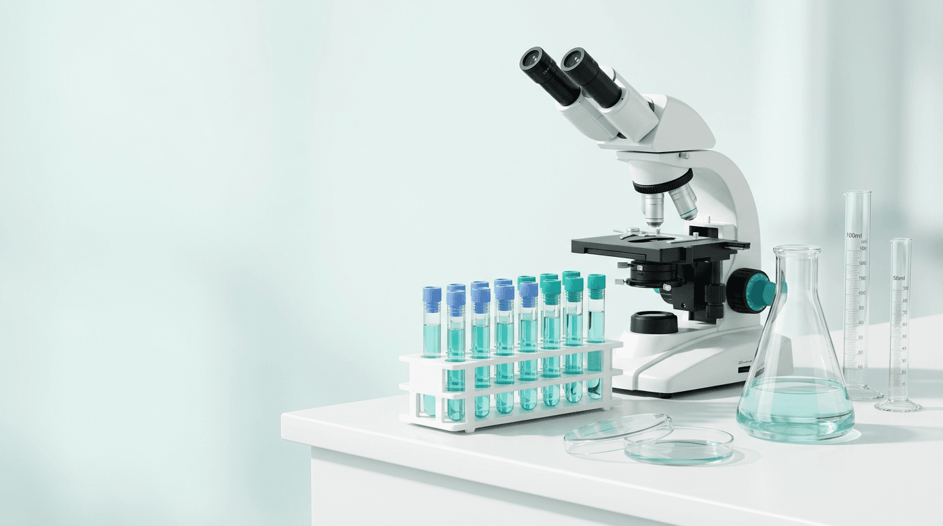 A microscope and collection supplies on a laboratory bench
